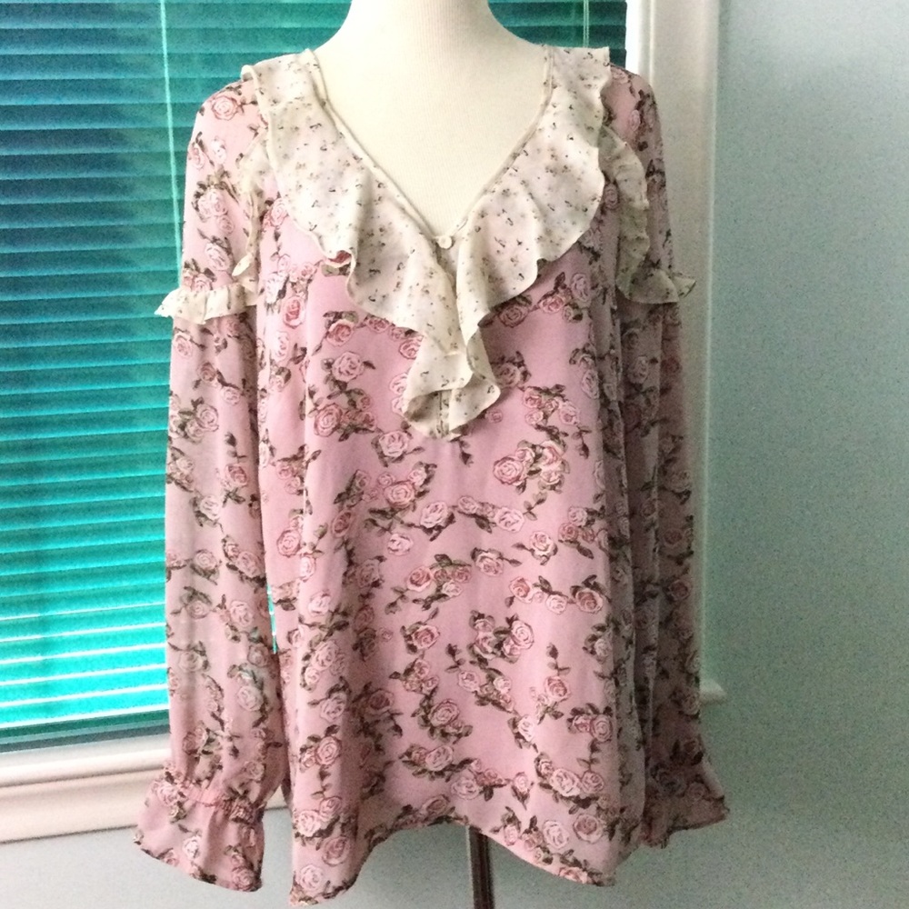 DR2 Pink Floral Ruffle Long Sleeve V Neck Fully Lined Blouse Sz XL